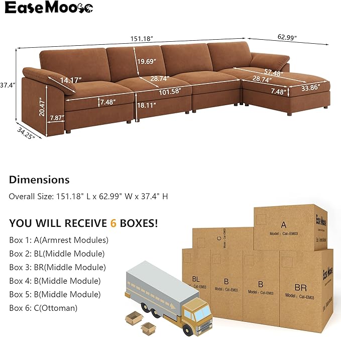 EASE MOOSE Large Sectional Modular Sofa，Large L Shape Sectional Couch Wide Deep