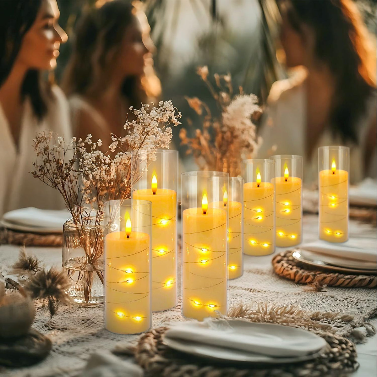 CAKETYCG 24 Pcs LED Flameless Candles with Remote, 3D Flickering Flame & LED String Lights, Acrylic Clear Cylinder, Timer Function, Romantic Ambience for Home Decor, Party, Wedding (Ivory).