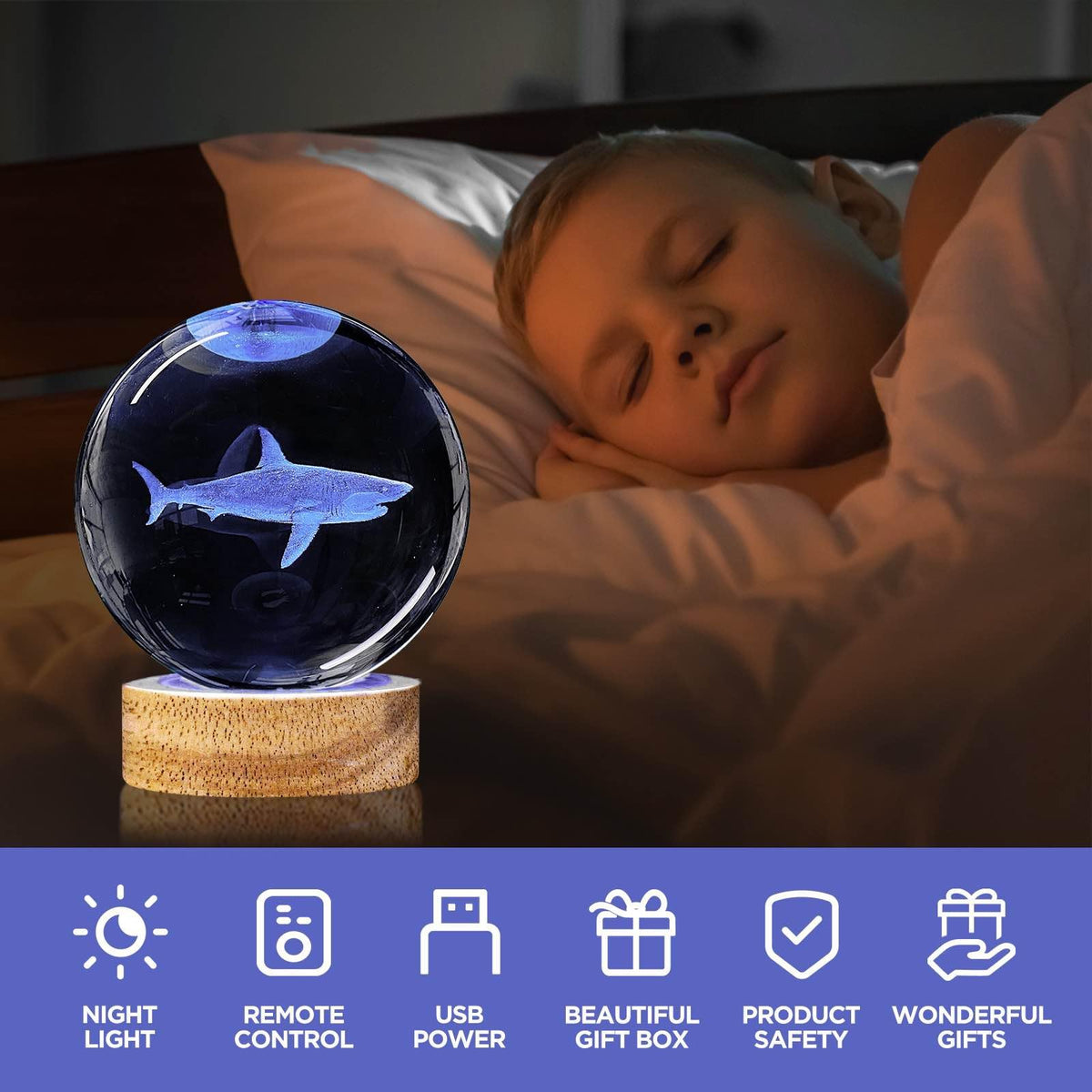 YYLZEPHB 3D Crystal Ball Night Light with Wooden Base, 3.15" Shark Glass Ball Lamp, 16 Colors, Remote Control, Cool Desk Decor
