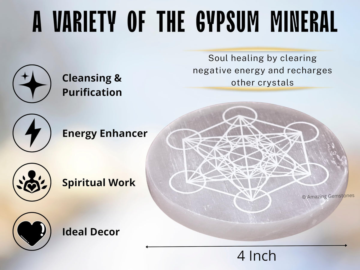 Amazing Gemstone Selenite Crystal Charging Plate for Crystals and Healing Stones, 4" Selenite Crystal Plate Engraved Metatron Cube Coaster for Home, Office Table Decor (Selenite Round Disc)