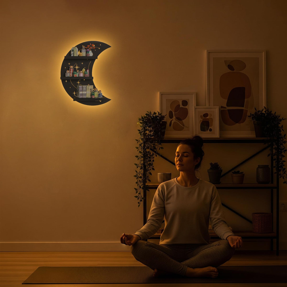 FNYDOX Crescent Moon Shelf with LED Light, Trinket Shelf & Moon Wall Light for Rocks Gems Healing Stones Crystals Display Shelf, Celestial Decor Crystal Holder Witchy Wall Decor