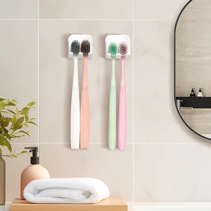 2-Piece Set of White self-Adhesive Wall-Mounted Waterproof Toothbrush Holders