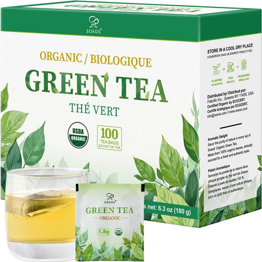 Soeos Organic Green Tea, 100 Tea Bags (Pack of 1), Caffeinated, Low Caffeine, Fresh and Healthy Green Tea, 6.3 Ounce