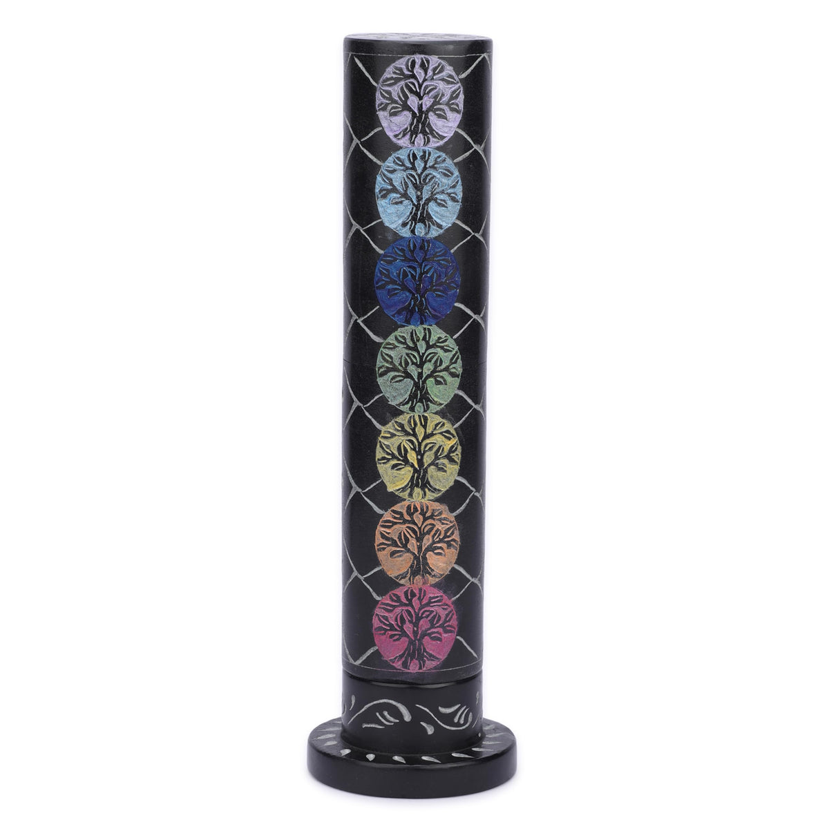 Ajuny Marble Incense Stick Tower Burner Tree of Life Carving Round Tealight Candle Stand Black Incense Stick Holder with Ash Catcher for Yoga Meditation Fragrance Home and Office Décor (10.5 Inch)
