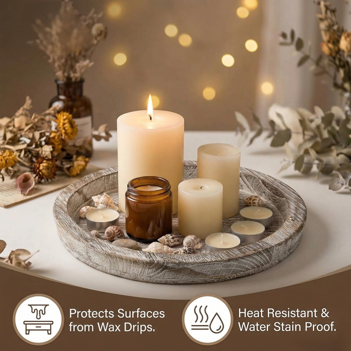 OKSON 3-Pack Round Wooden Candle Plate Holder Trays, Rustic Farmhouse Decorative Round Wood Tray for Coffee Table, Dining, Tealight & Pillar Candles, Party, Wedding, Halloween Home Decor(Whitewash)