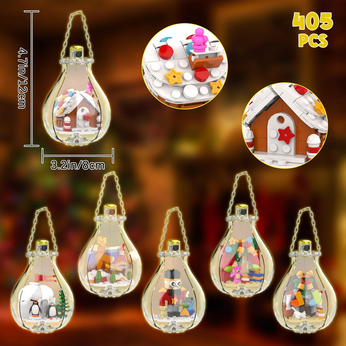 6 Pack Christmas Tree Bulb Ornament with Light Building Set, Including Gingerbread House, Penguin House, Christmas House, Fireplace, Nutcracker, Reindeer, Stocking Stuffer Toy Gifts for Kids.(405PCS)