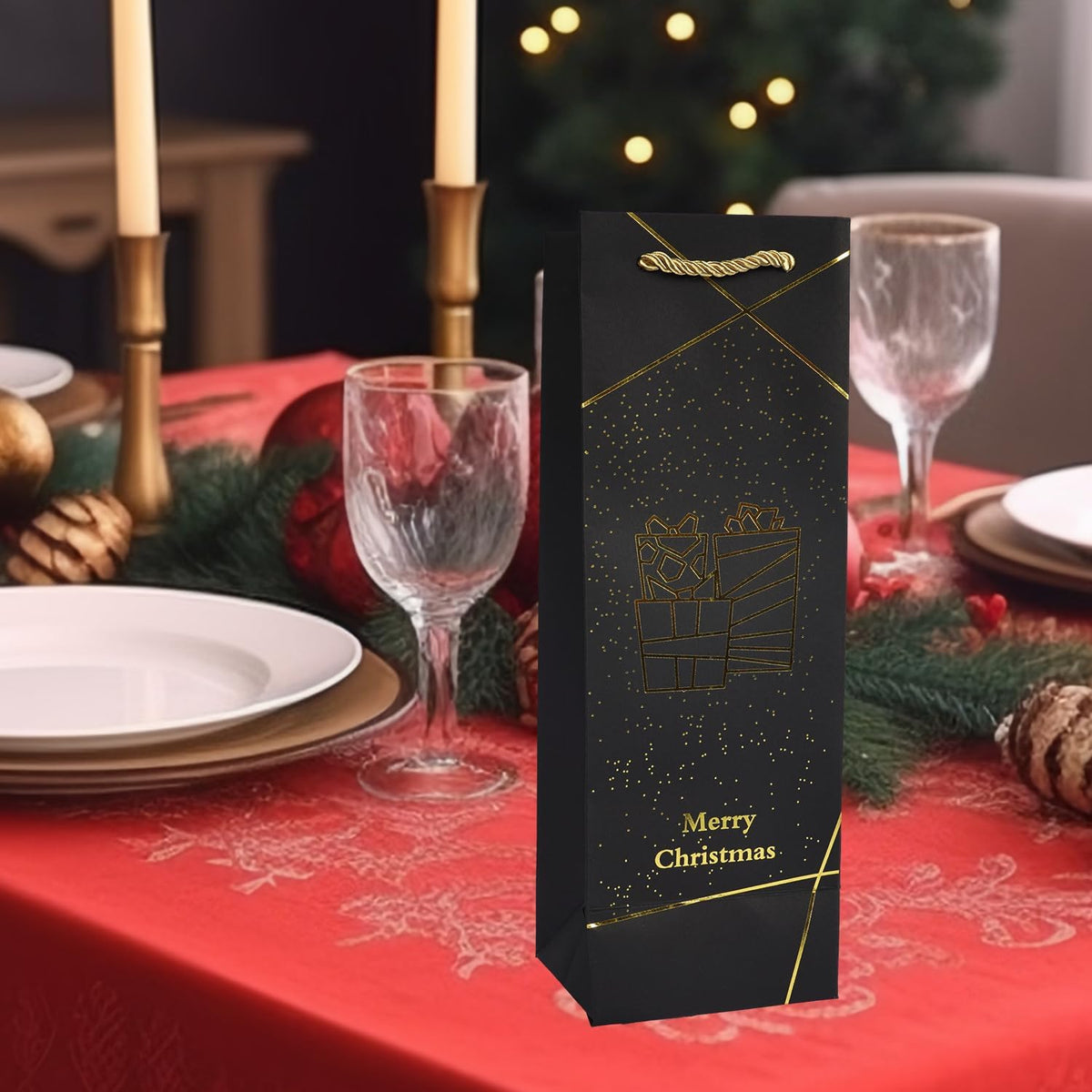Uptotop Christmas Bottle Bags, 12 Pack Gold Foil Christmas Wine Gift Bags, Xmas Kraft Paper Bags with Rope Handles for Holiday Party Gift Giving