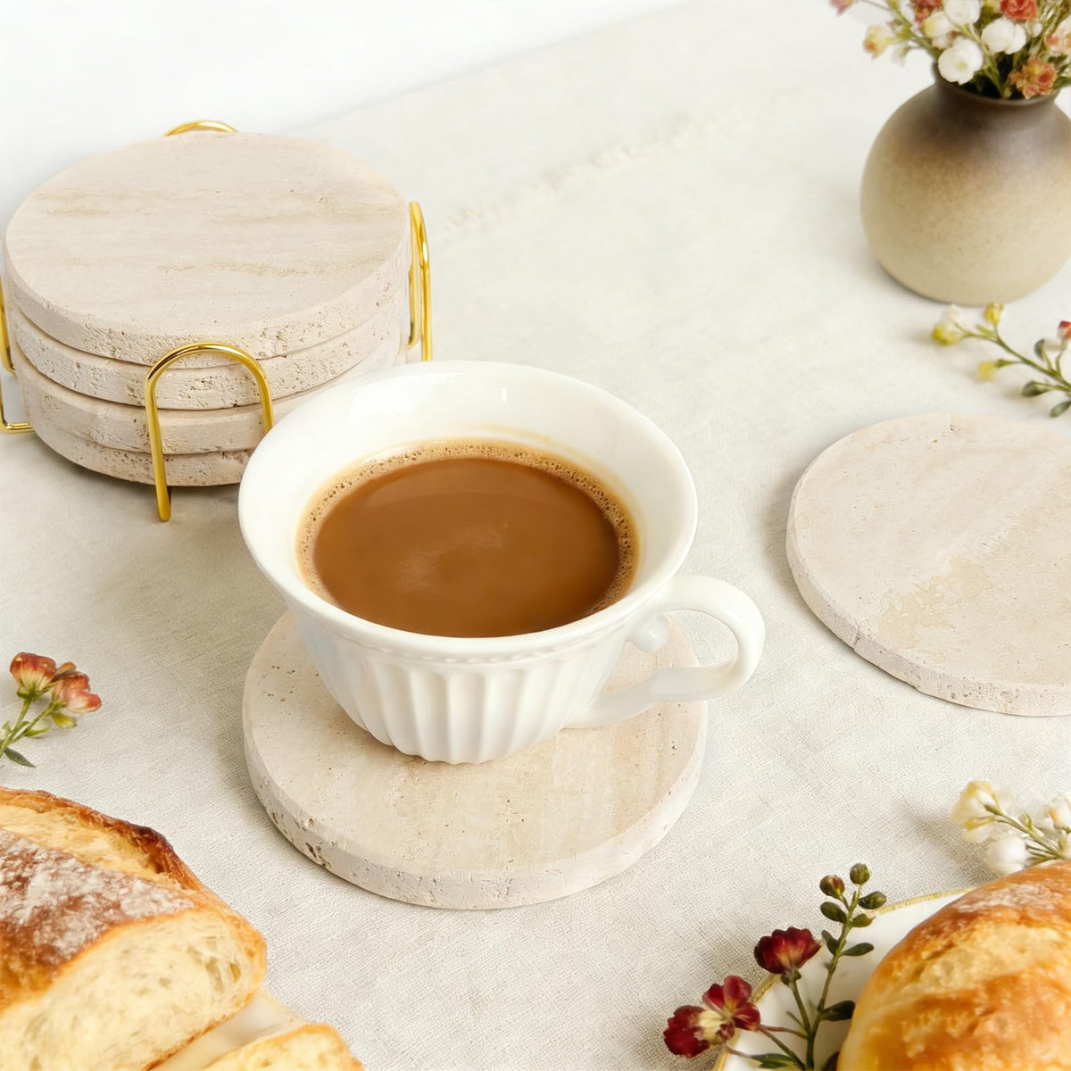 Dhfsleo Natural Travertine Marble Coasters Set of 6, Round 4 inch Stone Drink Coasters, Non-Slip Cork Backing, Festival Gifts, Wedding, Protect Tables from Stains & Scratches.