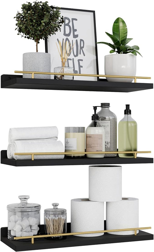 WOPITUES Floating Shelves with Gold Metal Guardrail, Shelves