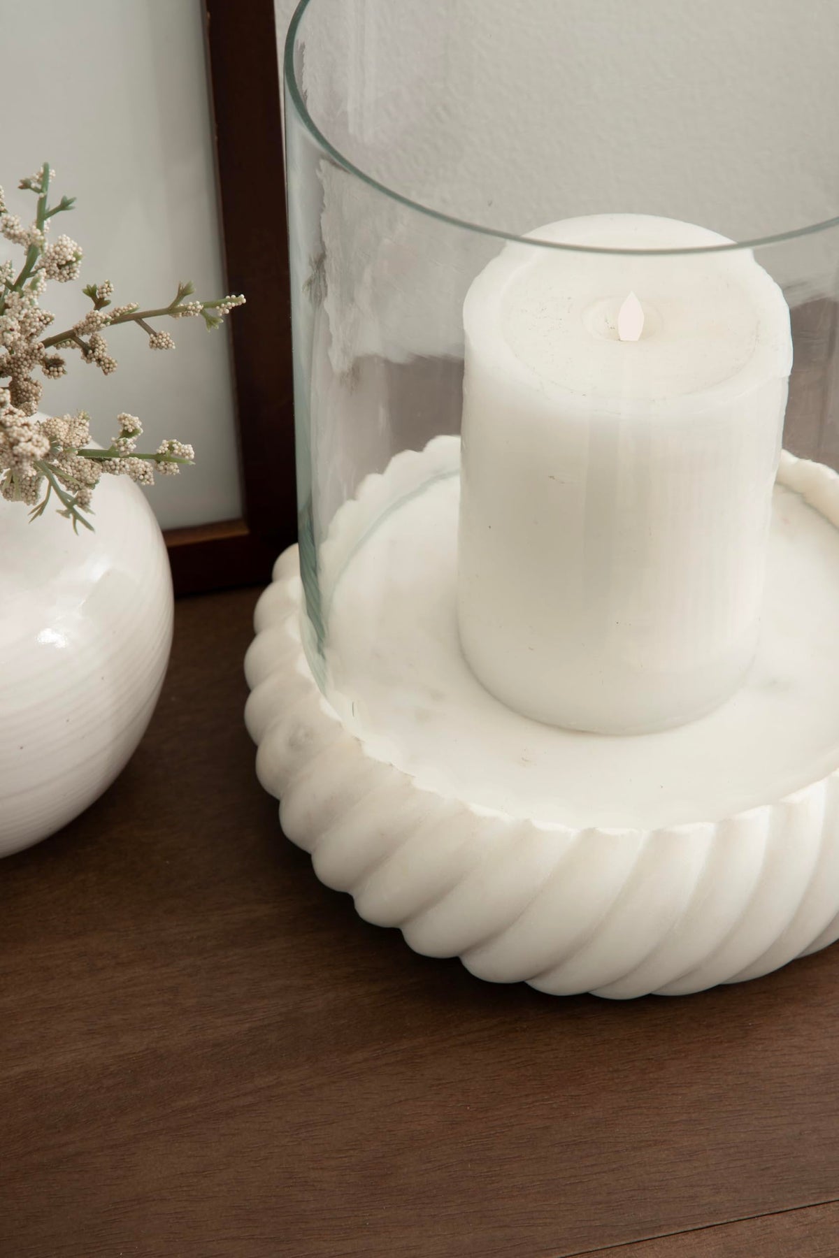 Kate and Laurel Trenza Modern Marble Candle Holder with Glass Cylinder, 8 x 8 x 9, White Marble, Transitional Twisted Base Pillar Candle Holder with Hurricane for Entryway or Living Room Decor