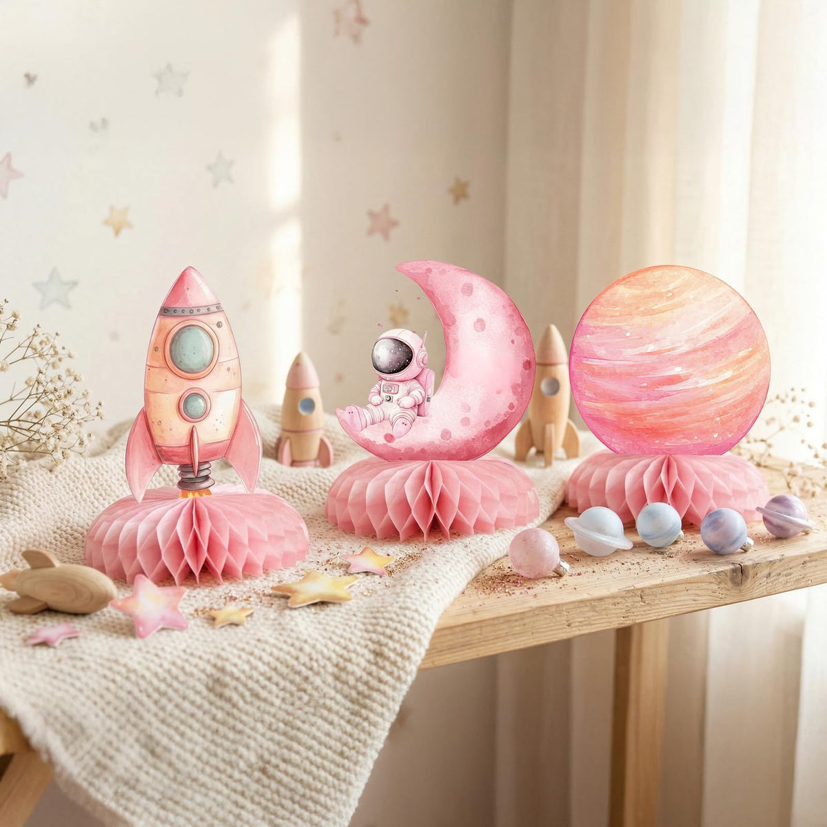 12 Pcs Pink Space Baby Shower Decorations for Girl - Outer Space Girl Party Supplies - Pink Astronaut Rocket Moon Star Centerpieces for Tables - Galaxy Honeycomb Table Decor for Baby Shower