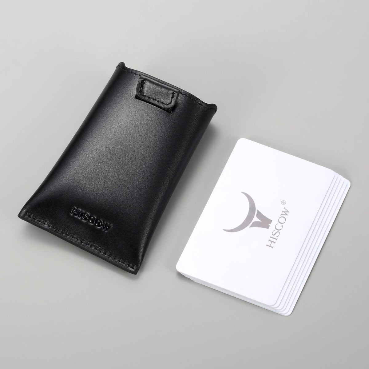 HISCOW Business Card Holder with Flap for Dispensing Cards - Italian Calfskin (Black)
