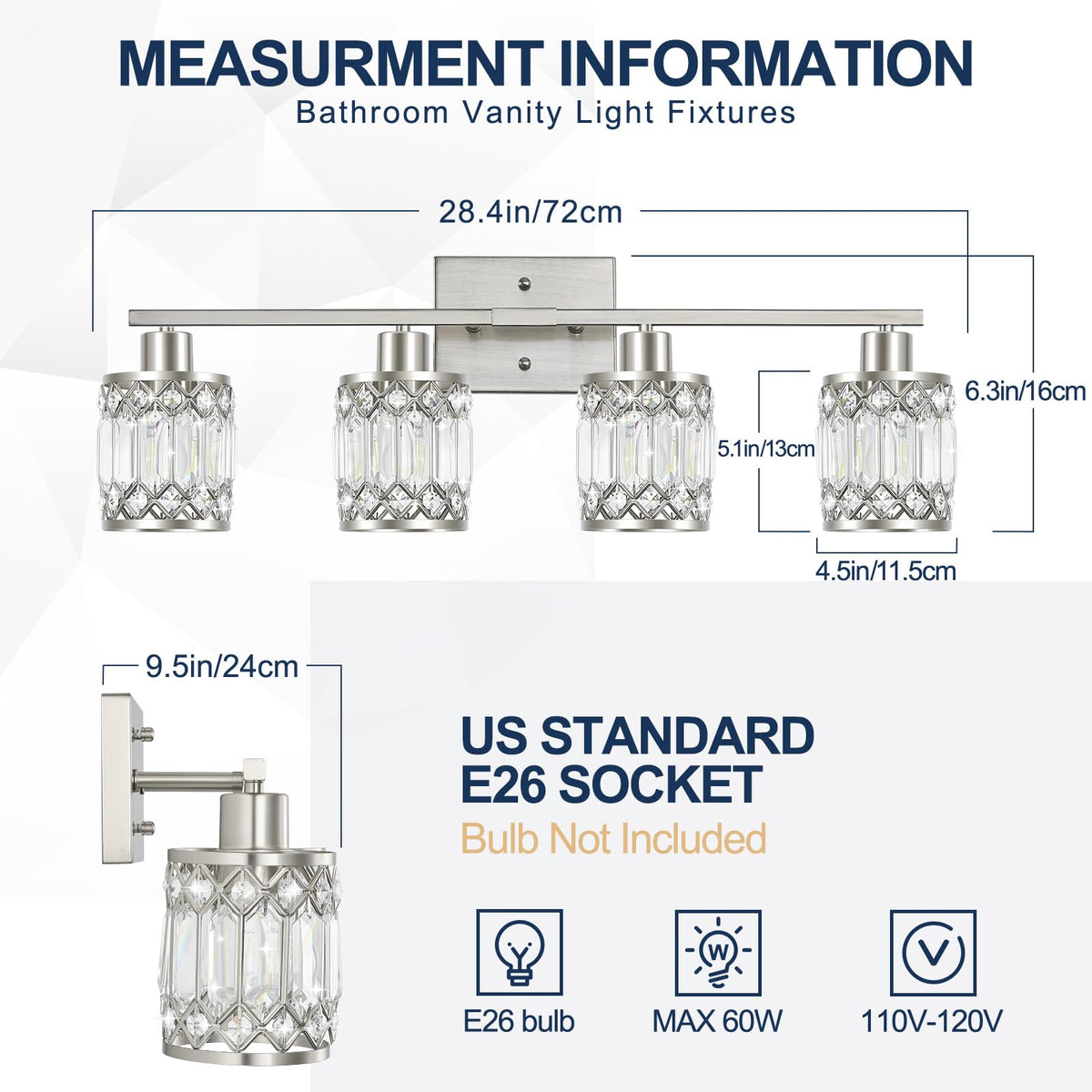 JZEKVN Crystal Modern Bathroom Light Fixtures, 4-Light Brushed Nickel Bathroom Vanity Wall Light, Vanity Lights for Mirror, Restroom, Bedroom (E26 Socket, Bulbs Not Included)