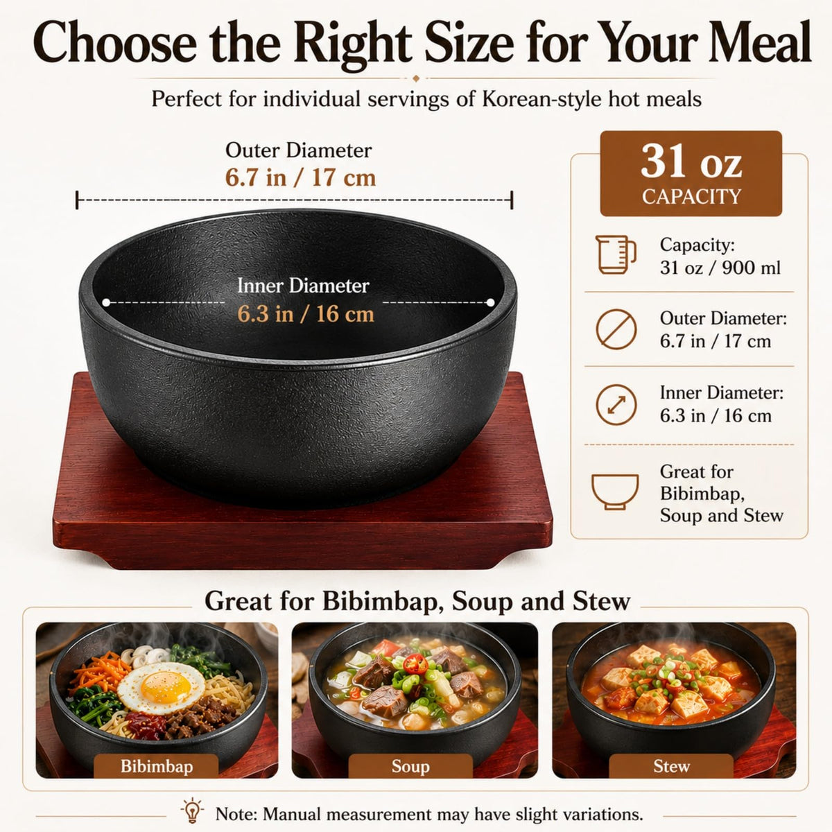 XICHENGSHIDAI Cast Iron Dolsot Bibimbap Bowl with Wooden Base, 31 oz Korean Sizzling Rice Bowl, Heat-Retaining Hot Pot Bowl for Soup, Rice, Stew and Korean Cooking
