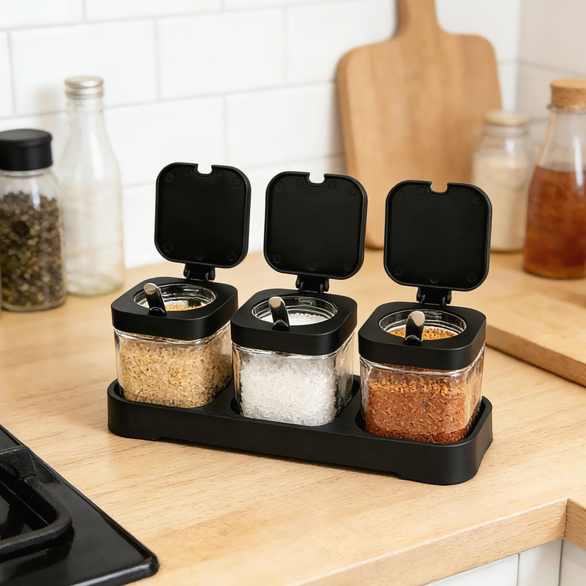 JBESUHI Set of 3 Black 8.6oz Clear Glass Condiment Jars with Lids & Spoons - Spice Canisters, Salt & Sugar Bowls for Kitchen Seasoning Storage