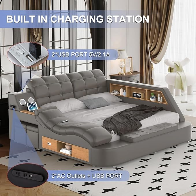 Luxury Smart King Bed Frame, Leather Headboard/Strong Wooden Slats