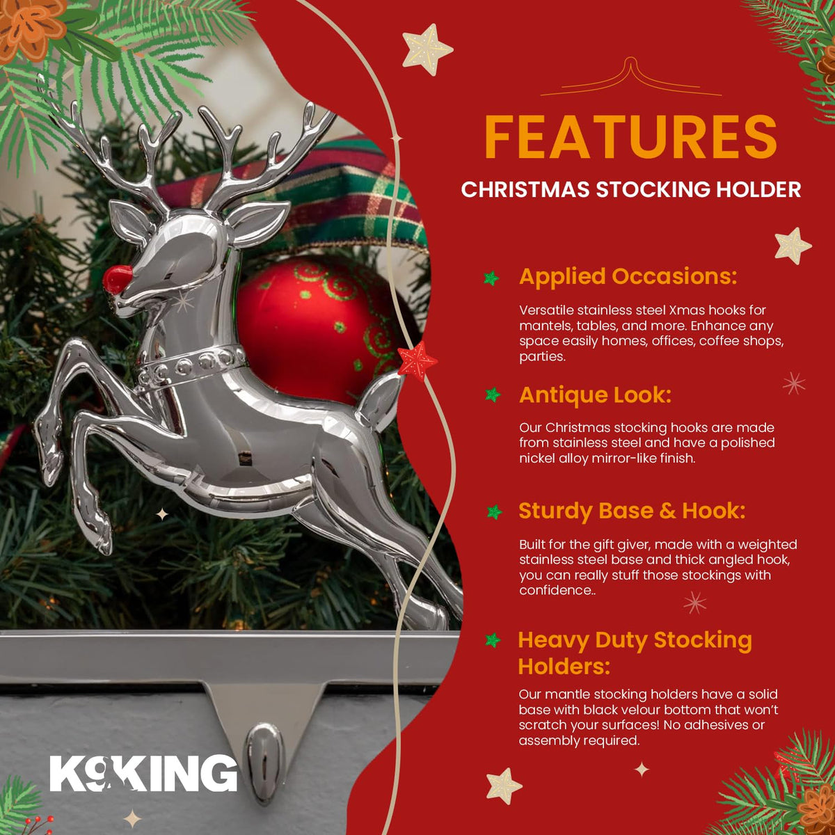 K9King Christmas Stocking Holder Set of 4 - Santa’s Sleigh Rudolph The Red Nose Reindeer Christmas Decorations Decorative Metal Hanger for Stockings Holiday Mantle Decor