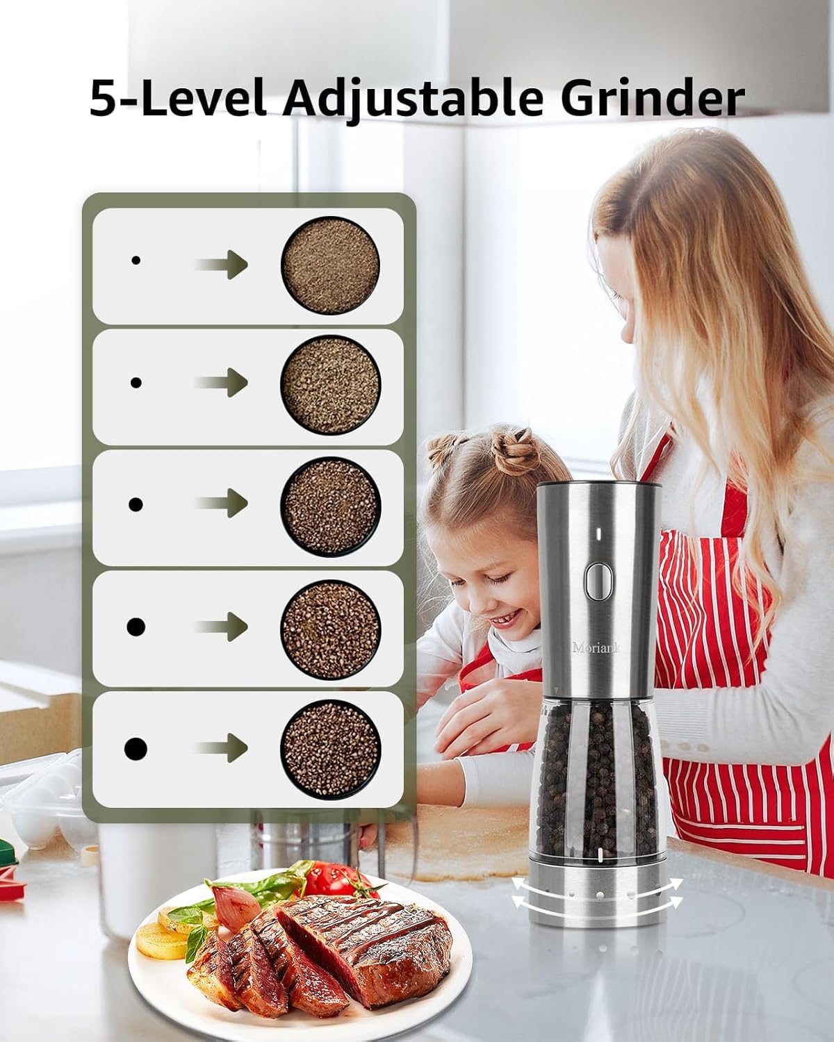 Electric Salt and Pepper Grinder Set, Large Capacity 5.3oz Salt and Pepper Grinder Set with Adjustable Coarseness, Rechargeable Stainless Steel Electric Pepper Grinder with Elegant Storage Base