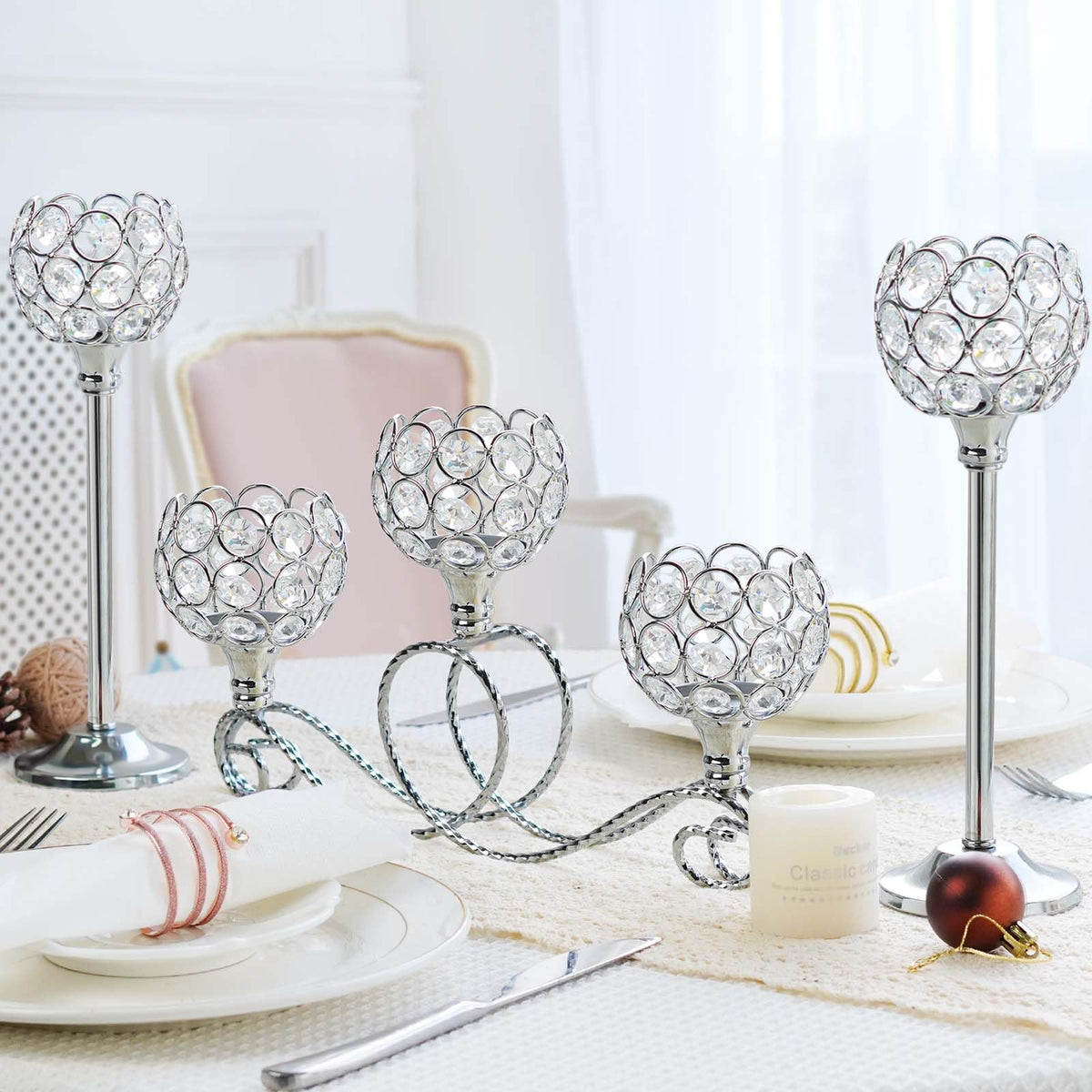 Silver Set of 6 Metal Crystal Tea Light Candle Holder, Elegant Wedding Table Centerpiece Candle Holder, Christmas Wishing Crystal Bowl Candle Holder Suitable for Wedding Party Living Room Decoration