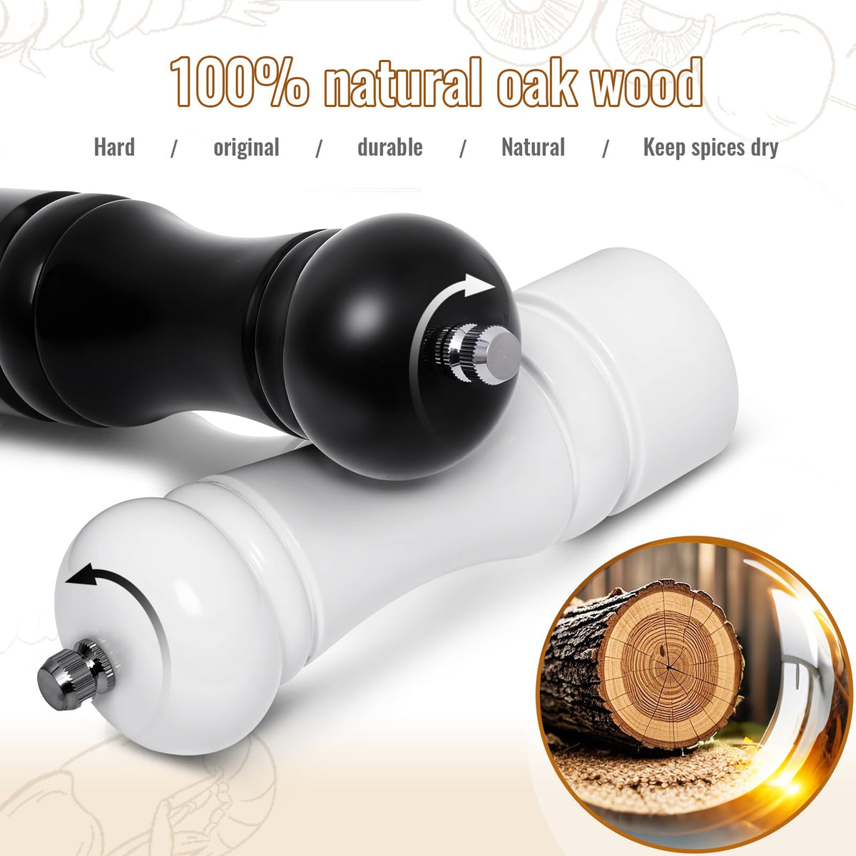 2Pack Wood 6.5 Inches Salt and Pepper Grinder Set and Adjustable Manual Salt and Pepper Mills, with Ceramic Grinding Mechanism, Housewarming Gifts, Cooking Gifts for Men & Women(Black & White)