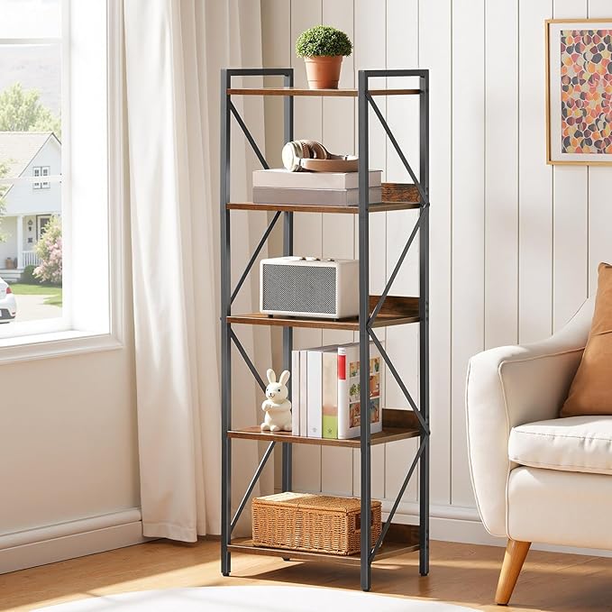 HOOBRO Bookshelf, 5-Tier Industrial Bookcase, Book Shelf Storage Organizer