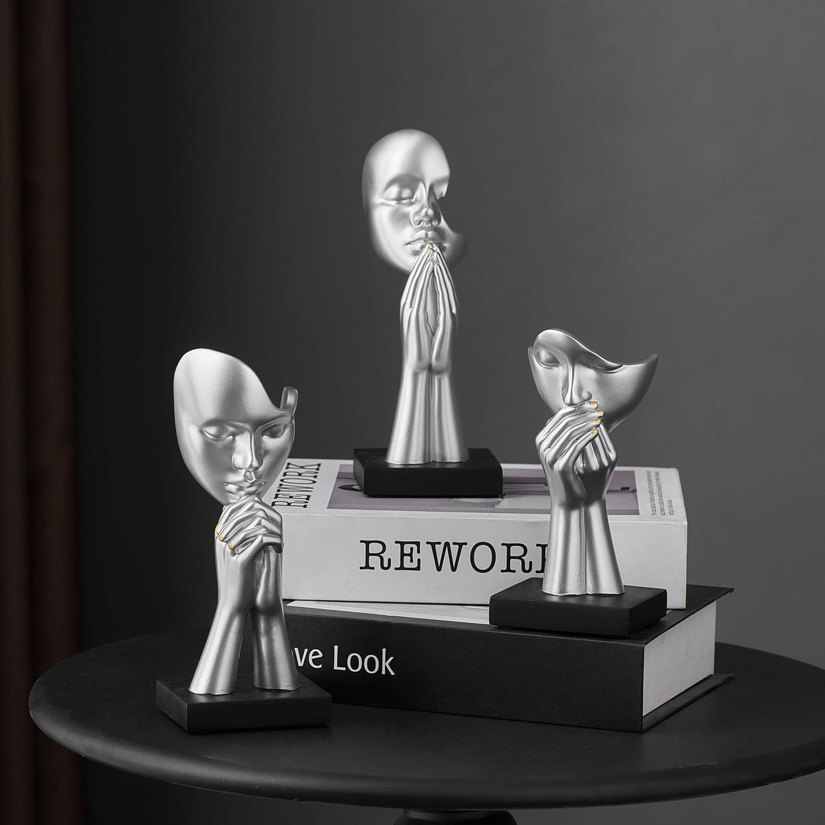 3 Pcs Silver Decor Prayer Statues, Modern Prayer of Peace Figurines Shelf Decor Accents, Abstract Art Sculpture Home Decorations for Living Room Bedroom Office Bookshelf Coffee Table, Gifts for Women