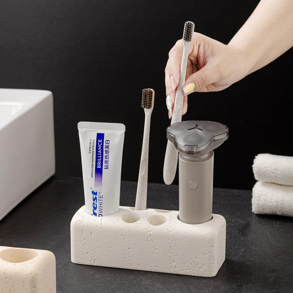 Haocoott Toothbrush Holder with 6 Slots, Bathroom Electric Toothbrush and Toothpaste Holder Set, Bathroom Organizer for Countertop, Shower, Vanity, Travertine Stone Look, Off-White