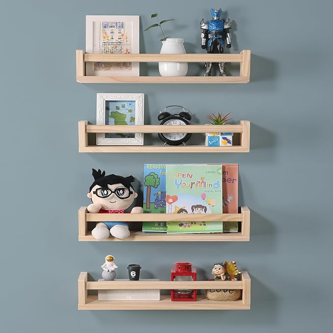 Nursery Room Shelves Set of 4, Wood Floating Book Shelves