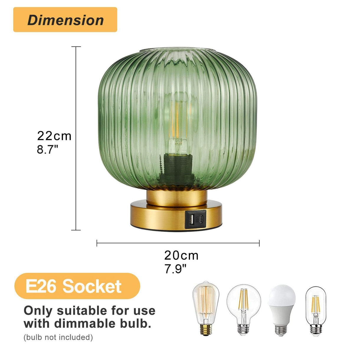 Touch Table Lamp with USB C+A Charging Ports, 3-Way Dimmable Bedside Lamp for Bedroom, Green Glass Shade & Brass Base, Plug-in E26 Desk Lamp for Nightstand Living Room Home Office Home Décor