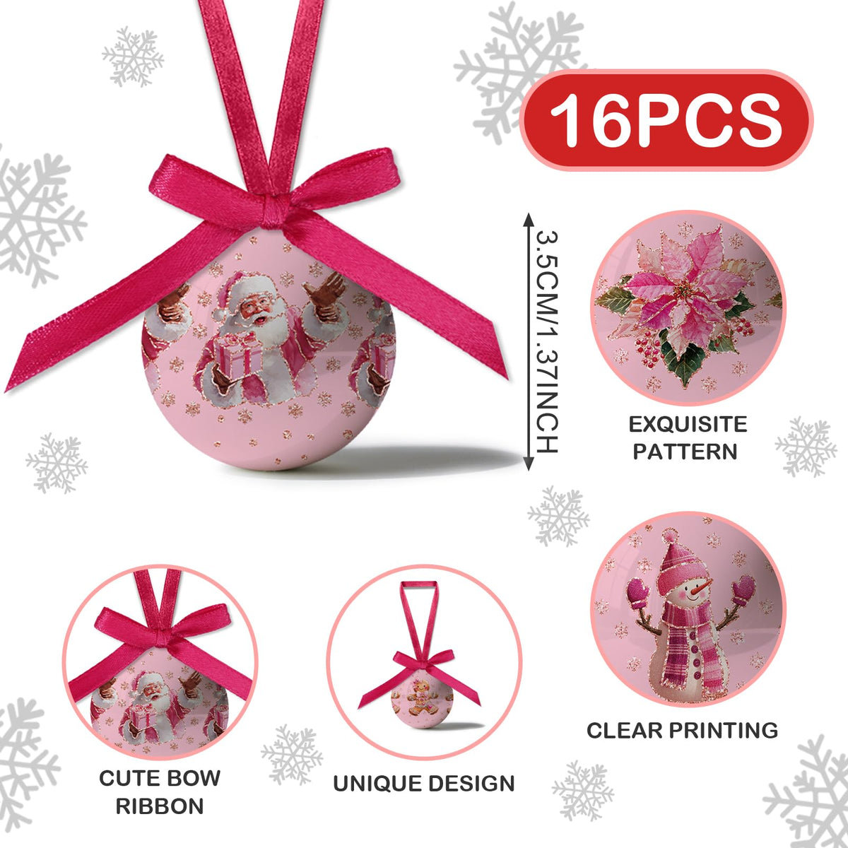 Pink Christmas Decor - Pink Christmas Tree Decorations Snowman Santa Candy Hanging Ornaments Balls, Cute Decorations Ball 1.18 Inch for Xmas Tree Party Home Holiday，Xmas Gifts Set of 16Pcs