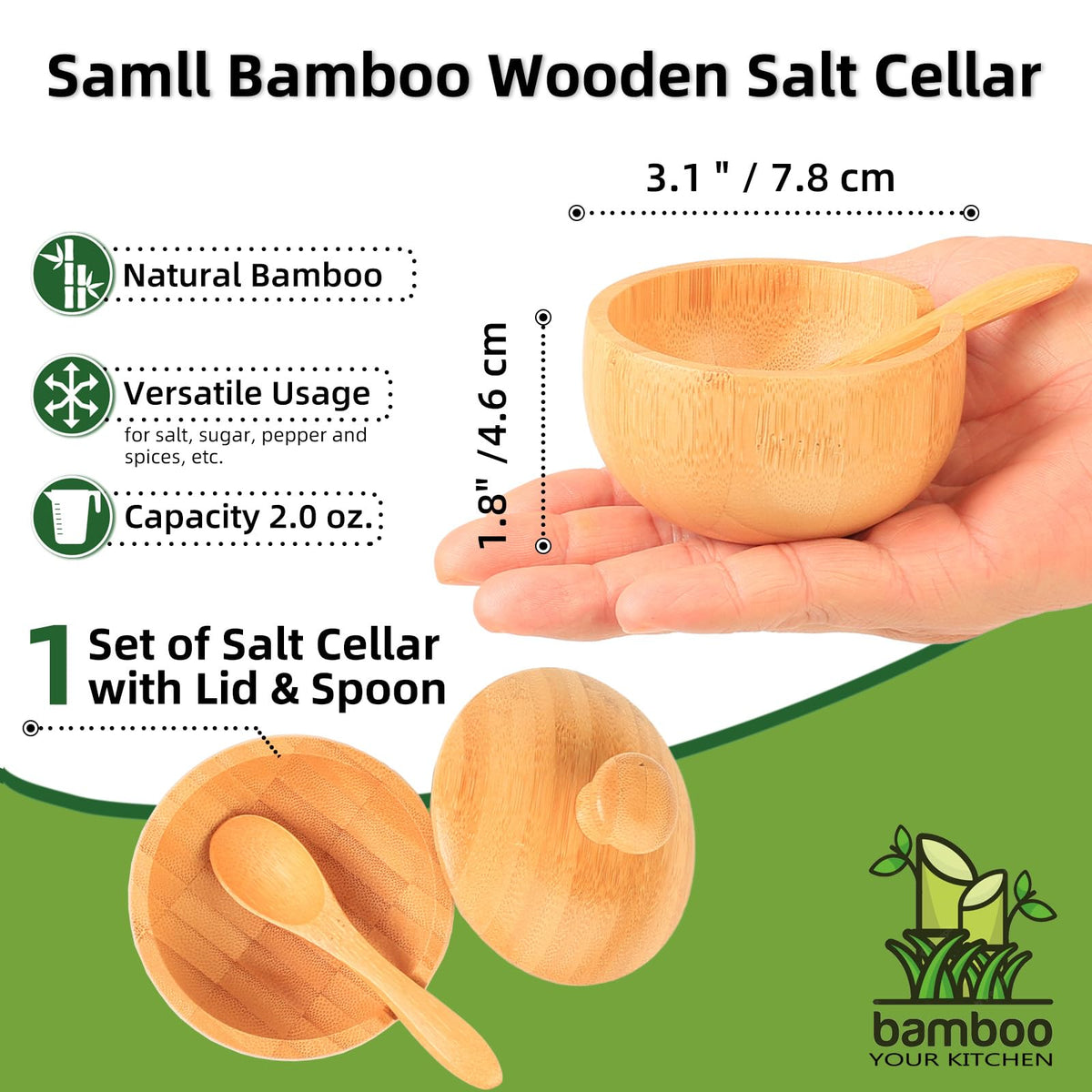 ZTHapwa Bamboo Salt Bowl with Lid and Spoon, Small Wooden Spice Cellar for Storing Salt/Pepper/Herbs, Mini Rustic Seasoning Container Holder for Kitchen Countertop, 1/4 Cup Capacity