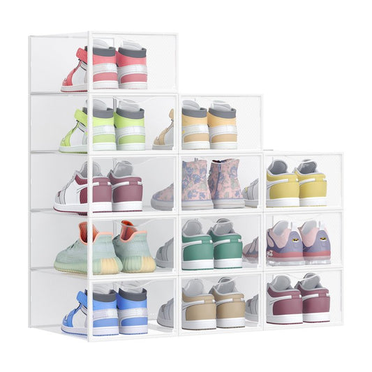 SONGMICS Shoe Boxes, Shoe Storage Organizers Rack for Closet, Plastic Stackable Sneaker Containers Case, 12 Pack, Transparent and Cloud White ULSP312W01