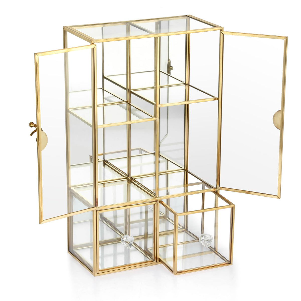 ELLDOO Clear Glass Storage Box with 2 Drawer, Gold Mirrored Jewelry Makeup Display Organizer Case, Decorative Tower Box Storage for Trinket Perfume Lipstick Figure Statue Toy Display