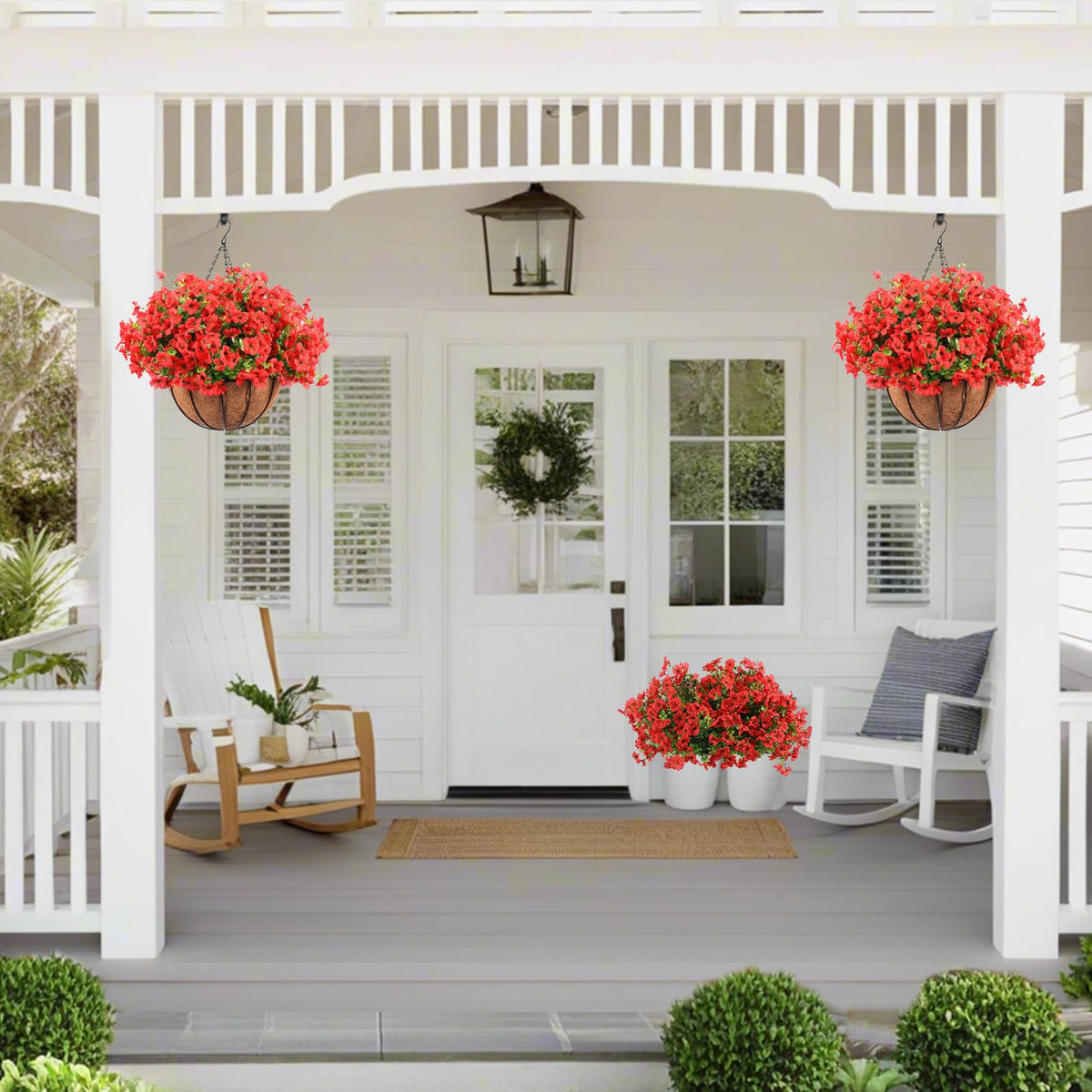Hananona 24 Pcs Artficial Outdoor Flowers with Hanging Baskets, 2 Pack Hanging Planter with Red Outdoor Spring Flowers for Christmas Porch Home Patio Yard Decor (2, Red)