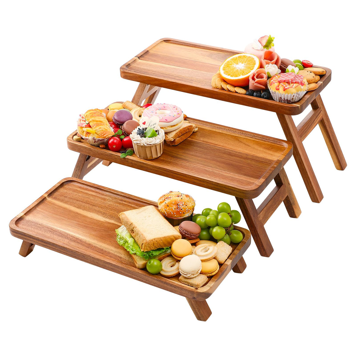 Tiered Serving Tray 17 Inch Acacia Wooden Cupcake Stand & Platters 3 Tiered Tray Foldable Dessert Table Display Set Decor for Party Charcuterie Boards for Birthday, Wedding, Christmas, Valentine's Day