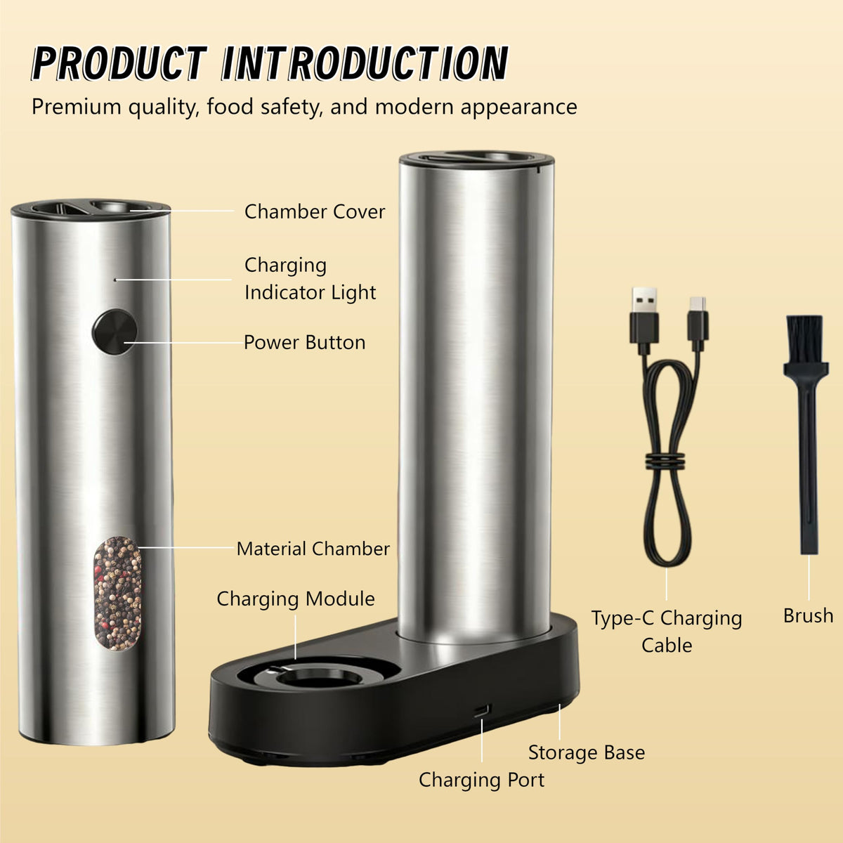 Candlejeeft Electric Salt and Pepper Grinder Set,Rechargeable,Adjustable Coarseness,LED Light with Dual Charging Base,110ml Upgraded Large Capacity,Top-Refill,Stainless Steel Automatic Pepper Shakers