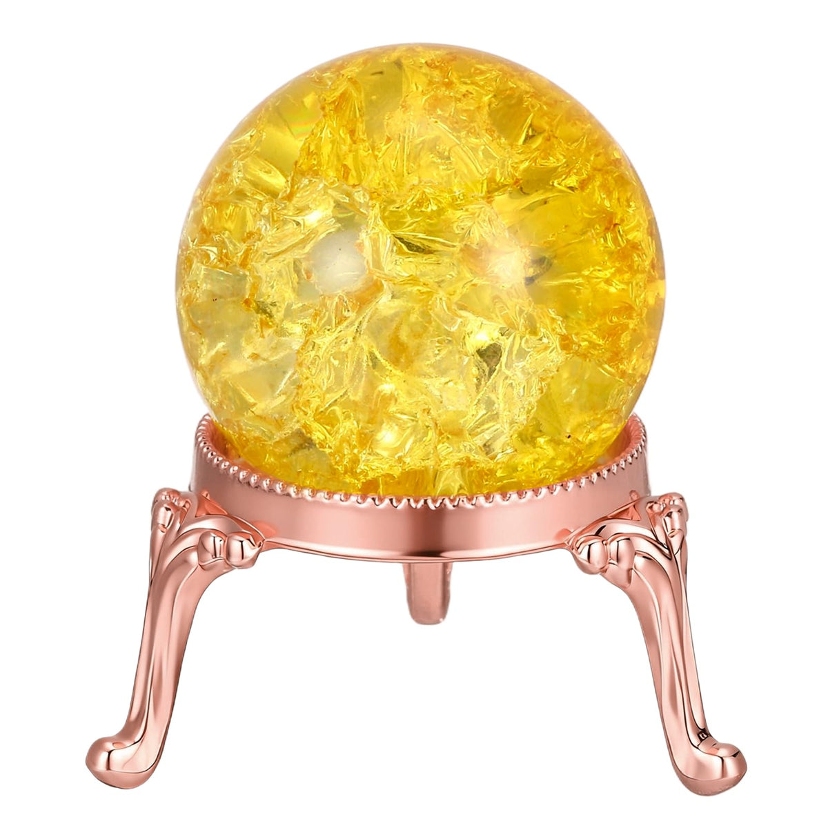 PATIKIL Crystal Ball 40mm, Ice Cracked Glass Ball with Metal Stand, Decorative Crystal Sphere Glass Paperweight for Home Office Table Decor, Yellow/Rose Gold