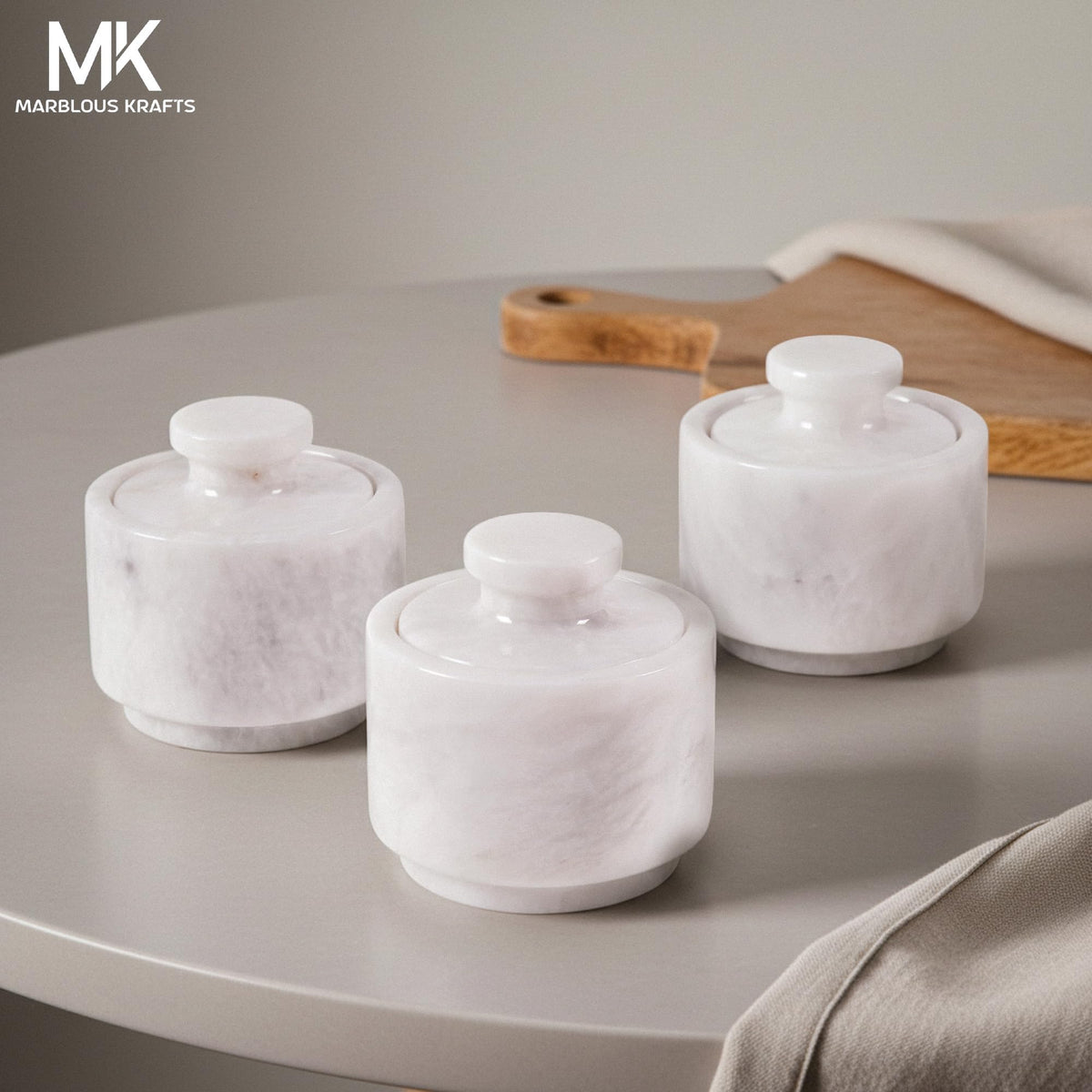 MARBLOUS KRAFTS Set of 3 Marble Salt Cellars with Lids 3" Inch White Salt Holders for Kitchen, Dining, Spices, or Gifts, Modern, Practical Storage for Salt & Spices in Any Kitchen or Dining Room.