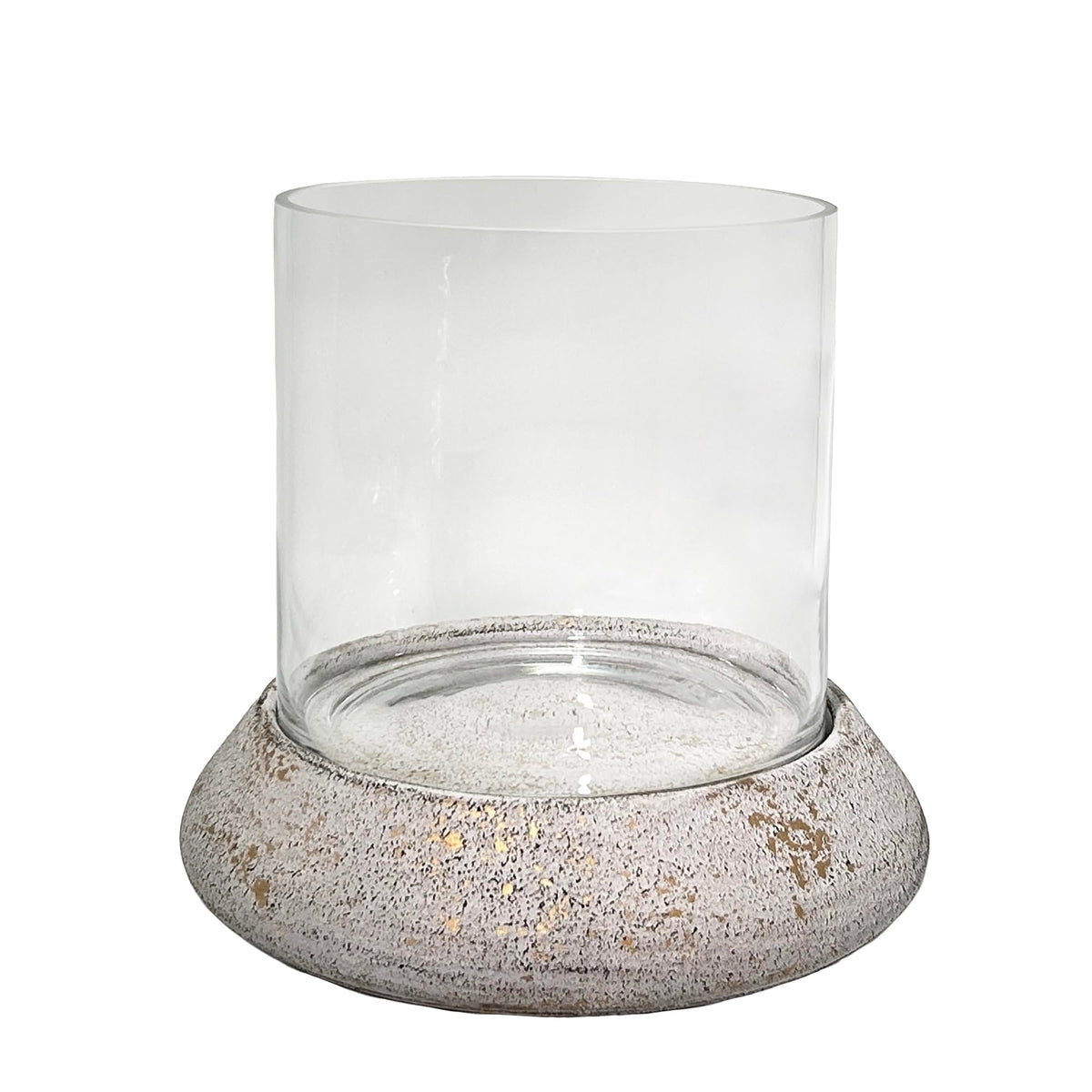 10.5" Farmhouse Glass Hurricane Candle Holder & Glass Vase with Shabby White Metal Base for Pillar & Flower Arrangement, Candlestick Holder, Terrarium, Centerpiece, Console Table, Dining Table, Mantel
