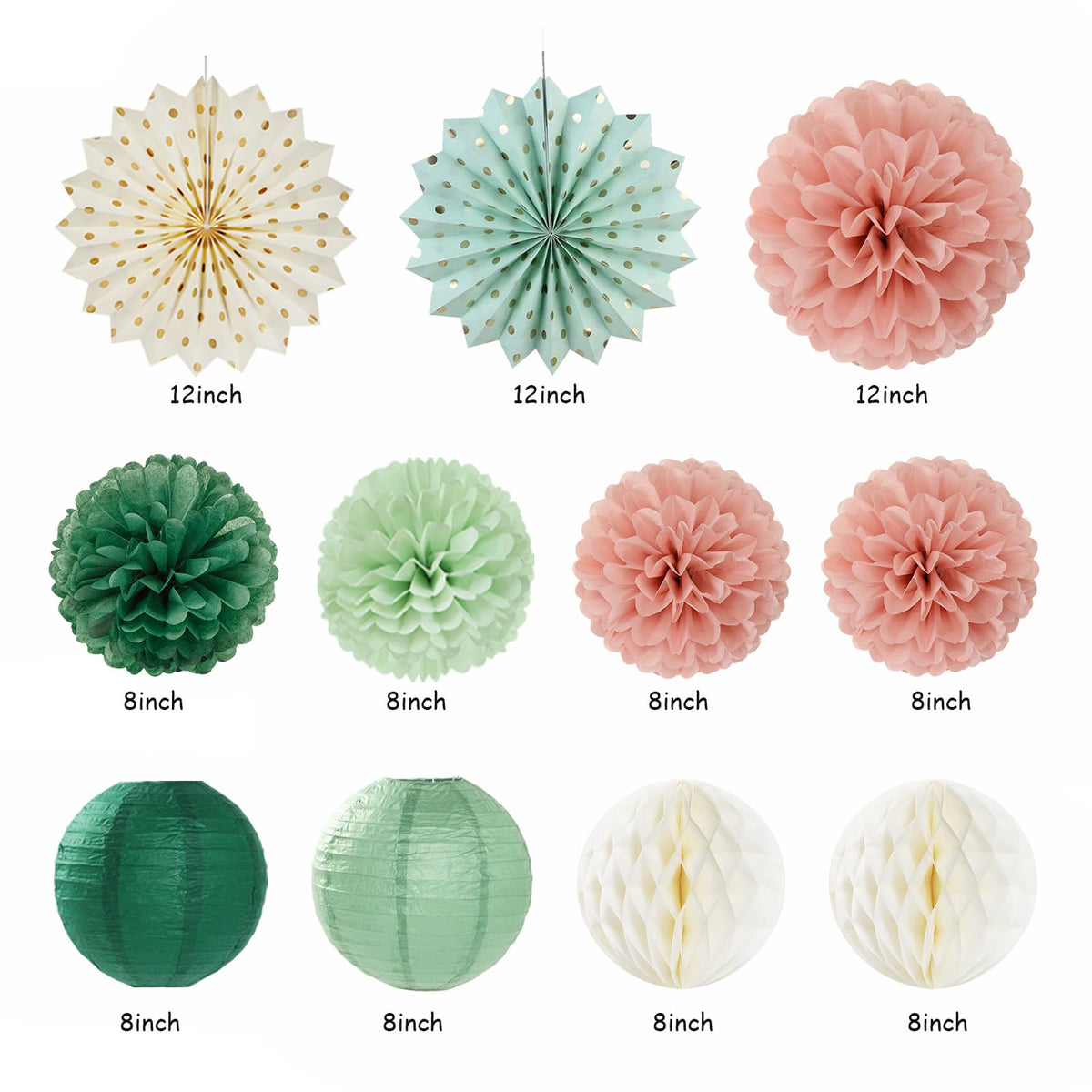 Sage-Green Pink-Gold Boho-Rustic Birthday Party-Decorations - 21pcs Happy Banner,Olive Retro Beige Paper Lanterns Pom Poms,Neutral Streamers Garland,Women Girls Decor Supplies Huglony