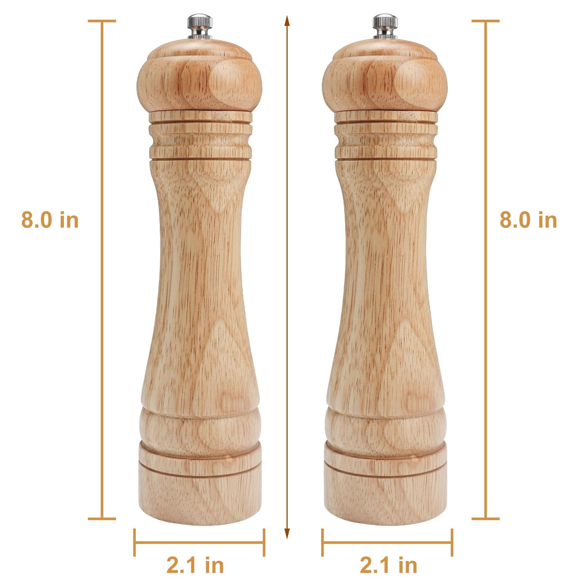 Gulex® Wood Pepper Grinder Pepper Mill,Adjustable Coarseness 8 Inch Wooden Peppermill, Ceramic Grinding Mechanism Salt Mill Refillable (1 pack) (Light-2PC)