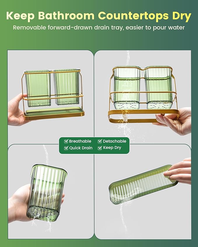 KONE Green Toothbrush Holders for Bathrooms, 2 Cups Toothbrush Holders Wall