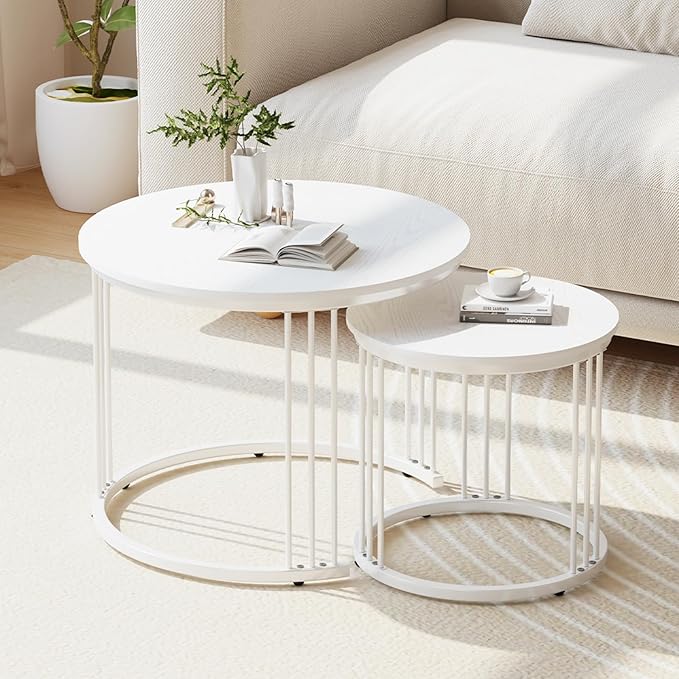 Garden 4 you Nesting Coffee Table, 23.6" Round Coffee Table Set of 2, Wooden