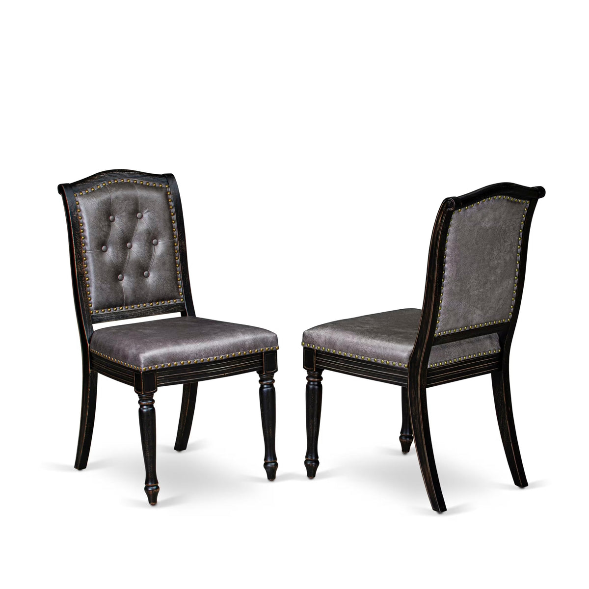 Luxe by East West Furniture I7MA7-511-34 7-Piece Kitchen Table Set with Polyester 6 Dark Gray Kitchen Chairs, Button Tufted Back, and A Round Dining Table in Sand Blasting Black Finish.