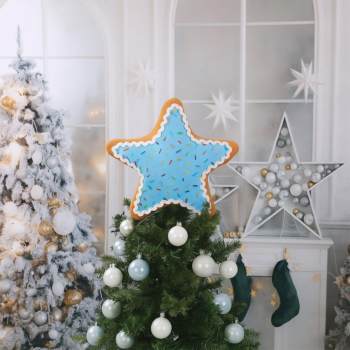 Seematn 10 Inch Christmas Candy Treetop Plush Stuffed Pastel Star Tree Topper Frosting Christmas Treetop Ornament for Xmas New Year Winter Holiday Party Decor Home
