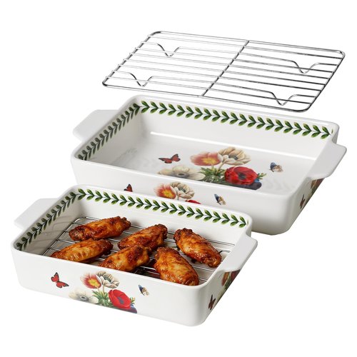 ACMLIFE Ceramic Casserole Dish for Oven, Ceramic Baking Dish Set with Roasting Racks, Floral Baking Dishes for Oven Lasagna Pan, Large Baking Dish with Handles, Durable and Oven Safe Pan, Gift Packaging 4 Pcs Set(13"x8"+10.3"x6.3") (Beauty Roasting Rack)