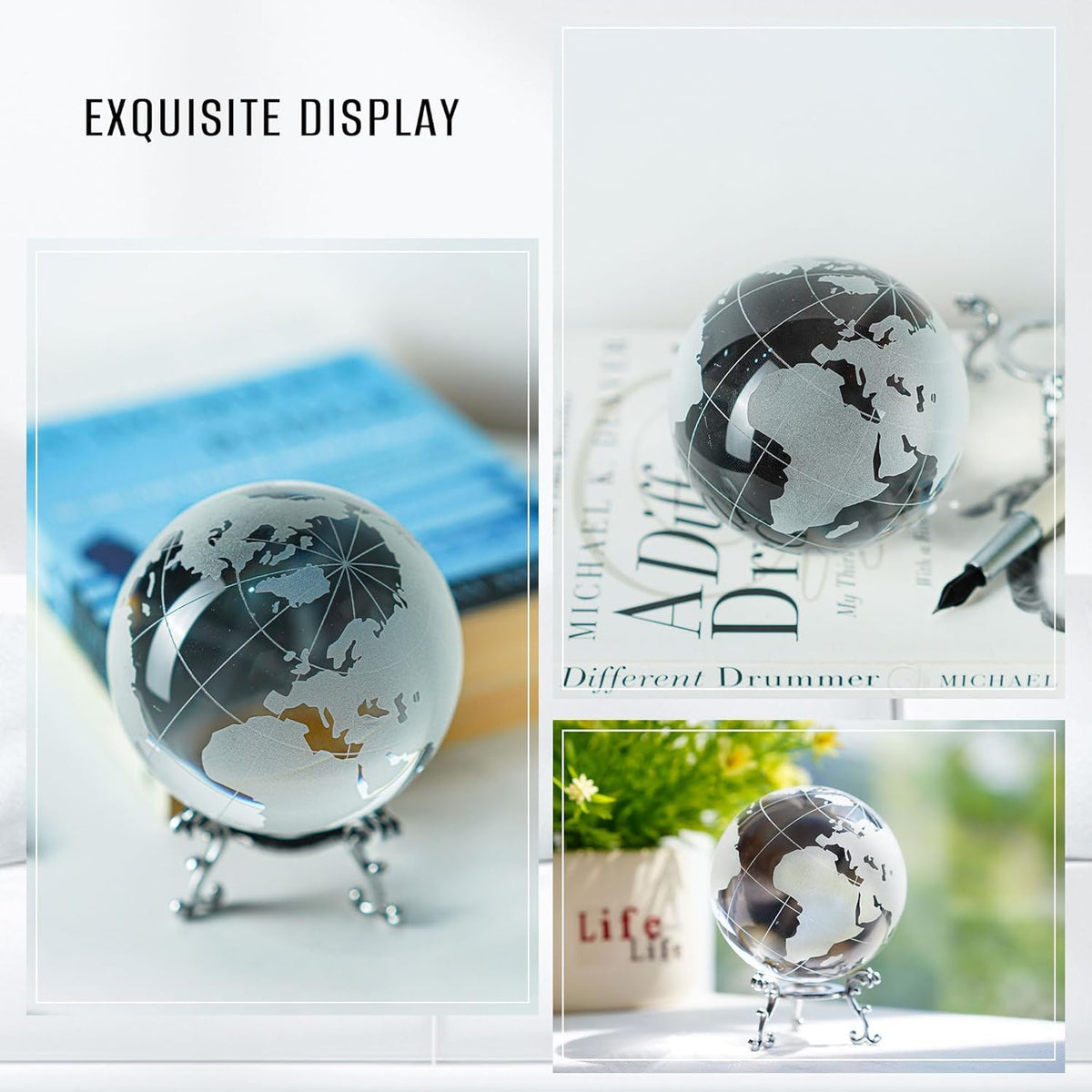 ZEERSHEE 80mm Crystal Earth Globe Ball with Stand World Map Glass Sphere Desk Office Home Decor Glass World Globe Paperweight