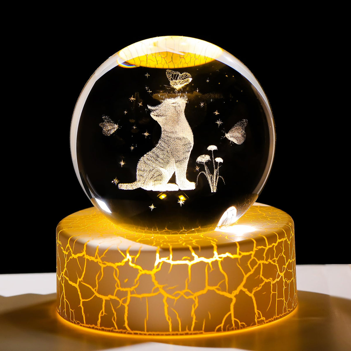 2.36in. Miniatured Cat with Butterflies Birthday Christmas for Women Girlfriend, 3D Glass Engraved Cute Cat K9 Crystal Ball with Light Base for Home Office Decoration