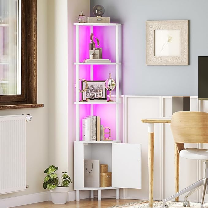 HOOBRO Corner Cabinet with LED Light, Corner Shelf Stand with Storage and Doors