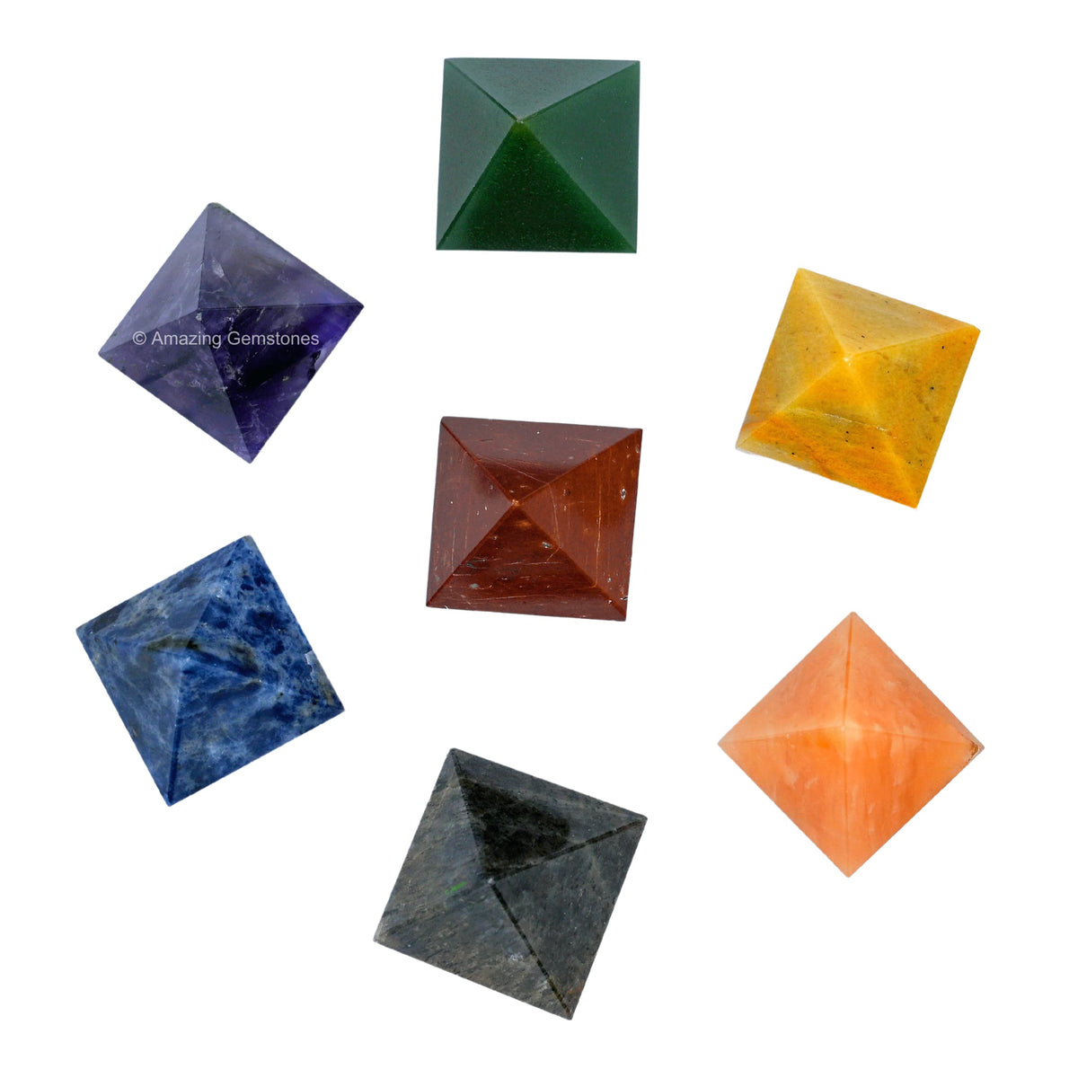 Amazing Gemstone 7 Chakra Pyramid Set for Reiki Healing Crystal with Engraved Reiki Symbols - Energy Balancing Polished Chakra Set with Velvet Pouch